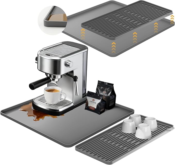 16×16-inch Silicone Coffee Mat for Espresso Machine - Heat Resistant, Waterproof Countertop Protector Pad with Raised Edges, Easy Clean Dish Drying Mat for Kitchen, Pet Food Mat (Grey)