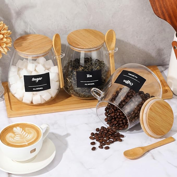 Suclain 3 Pcs Glass Coffee Container with Wooden Lid Spoon Tray Shelf Labels Clear Airtight Glass Jar Storage Container Set for Coffee Beans Tea Leaves Grains Dried Fruits Sugar Spice(38oz)