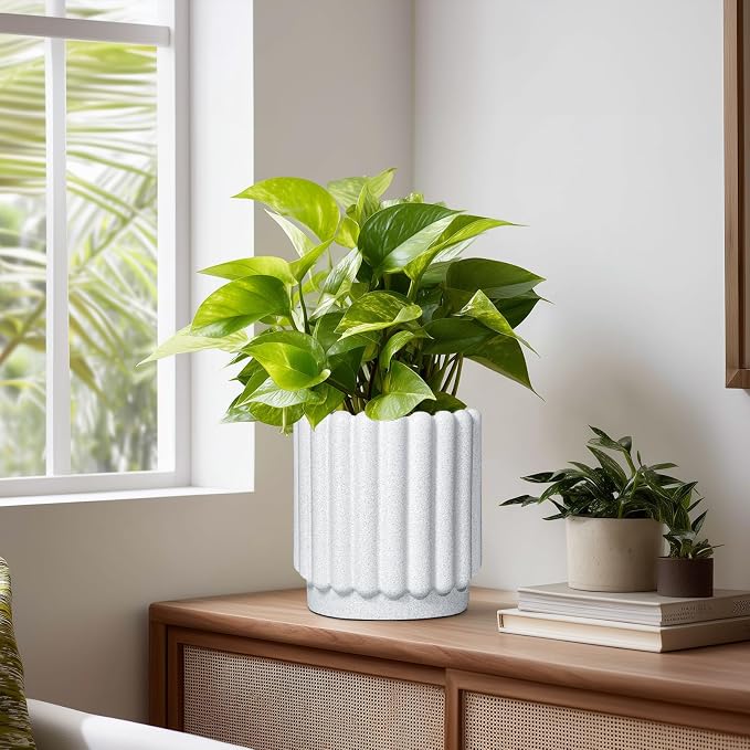 Ceramicfor Ceramic Planter, 7.6 Inch, White | Indoor Plants, Outdoor Use, Drainage Hole, Fluted Modern Design, Round Flower Pot