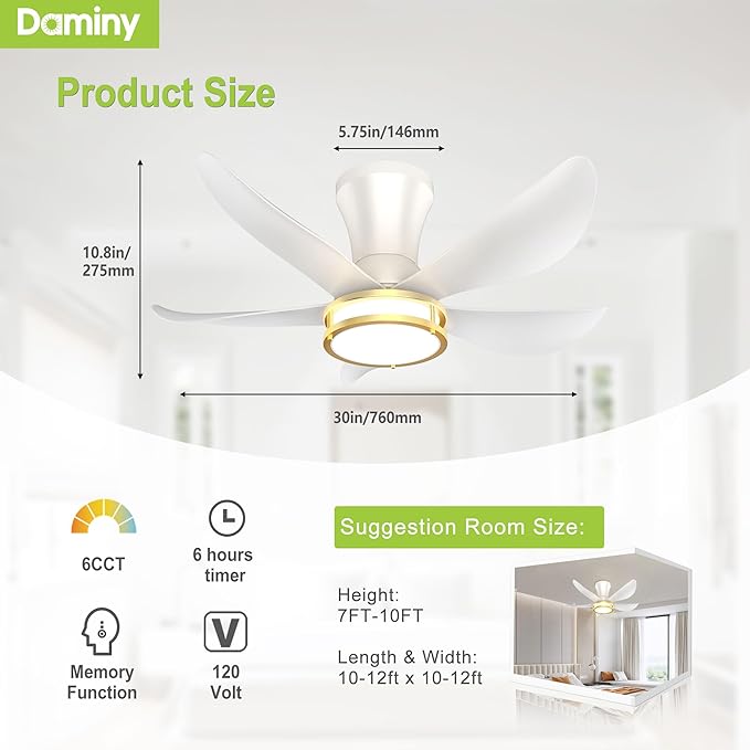 DAMINY 30 Inch White and Gold 5 Blade Ceiling Fan with Light, Modern Ceiling Fan with Remote,Large Airflow,Flush Mount,6CCT,Dimmable,Noiseless,Bedroom
