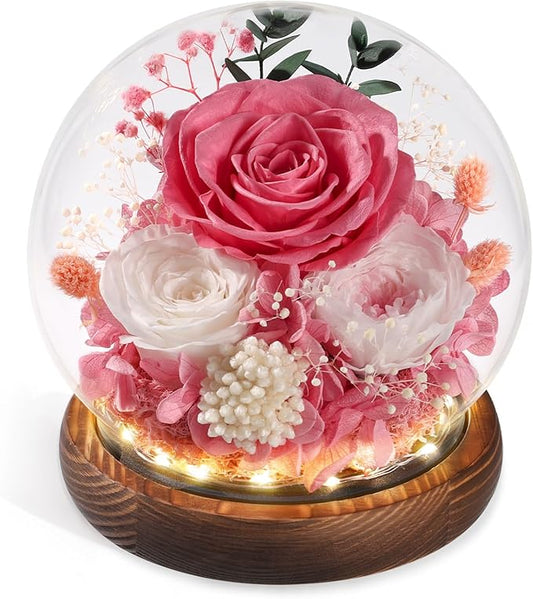 FIACO Gifts for Mom Mother Day Preserved Flowers in Glass Dome Long-Lasting Eternal Rose Birthday Gifts for Women Grandma Wife Sister Girlfriend Pink Flowers for Delivery Prime Anniversary