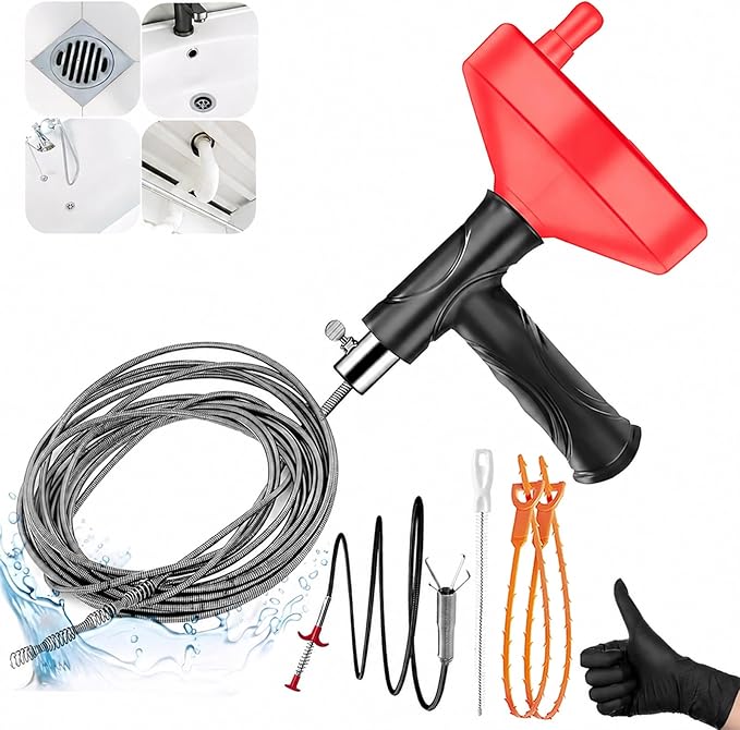 Drain Snake Auger 33 Ft, Plumbing Snake Drain Hair Clog Removal Tool, Heavy Duty Snake Auger, Sink Unclogger Drain Cleaner Tool for Bathroom Kitchen Tub Shower Drain Clog Remover with Gloves, Red