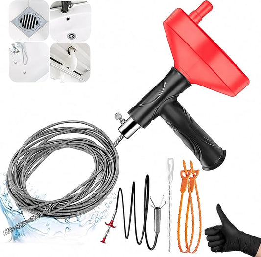 Drain Snake Auger 33 Ft, Plumbing Snake Drain Hair Clog Removal Tool, Heavy Duty Snake Auger, Sink Unclogger Drain Cleaner Tool for Bathroom Kitchen Tub Shower Drain Clog Remover with Gloves, Red