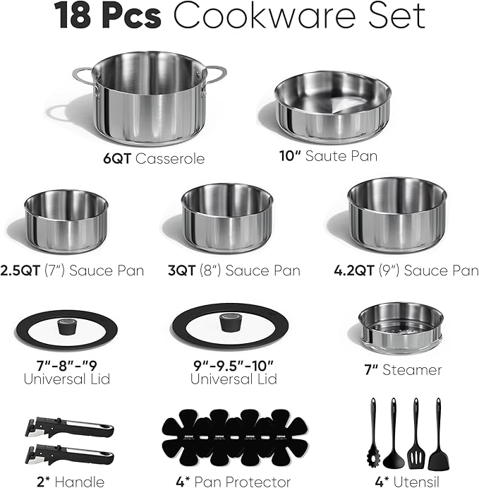 CAROTE 18pcs Stainless Steel Cookware Set with Detachable Handle, Nonstick Pots and Pans Set, Induction Kitchen Cookware Sets with Removable Handle, RV Cookware Set, Oven Safe, Camping Cookware, Black