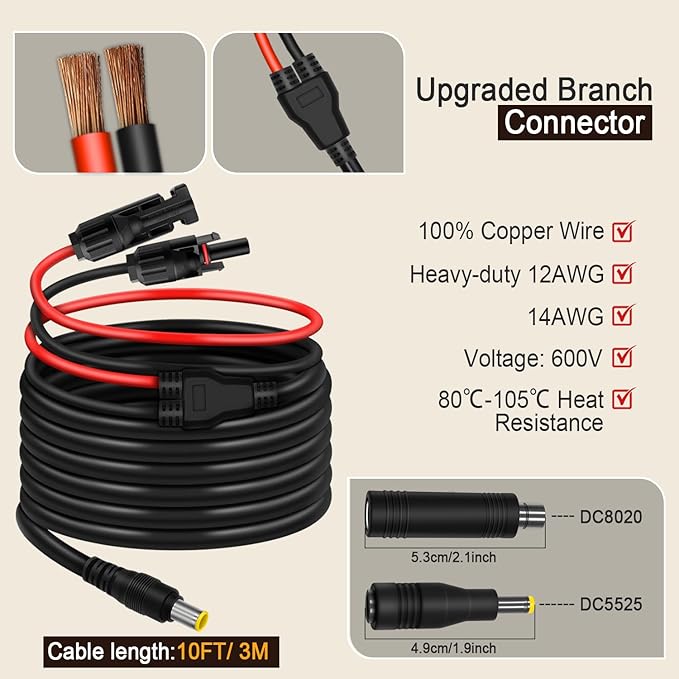 COMeap 10FT 3M Solar Connector to DC 8mm Adapter Cable for Jackery Explorer 3000 2000 1500 1000 880 550 500 300 290 240 160 GZ Yeti BLUETTI Portable Power Station, Solar Generator, Solar Panel
