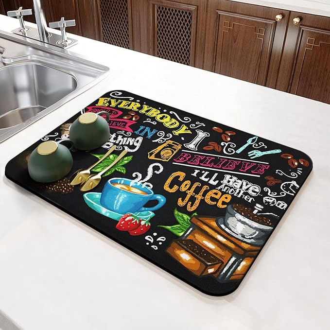 Coffee Bar Mat Accessories for Countertop Absorbent Hide Stain Rubber Backed Dish Drying Mats for Kitchen Counter Draining Pad Decor Gift (24x16in)