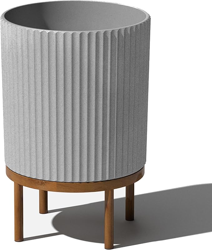 Veradek Demi Series Round Planter w/ Stand for Porch/Patio | Durable Plastic-Concrete & Wooden Stand | Modern Décor for Tall Plants, Flowers