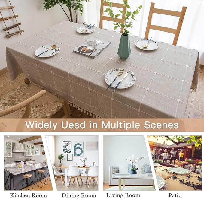 Deep Dream Tablecloths, Embroidered Waterproof Table Cloth Cotton Linen Wrinkle Free Anti-Fading Table Cover Decoration for Kitchen Dinning Party Christmas, 55 x 140 Inch - Light Brown