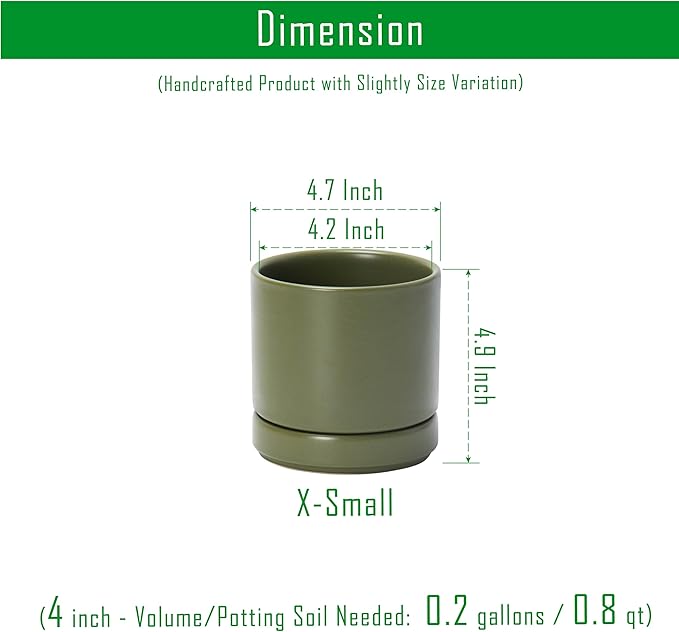 D'vine Dev 4.7 Inch Ceramic Planter Pot, Olive, 94-O-B-J | Modern Cylinder Design, Drainage Hole & Saucer Included, Stable Structure, Elegant Home Accent