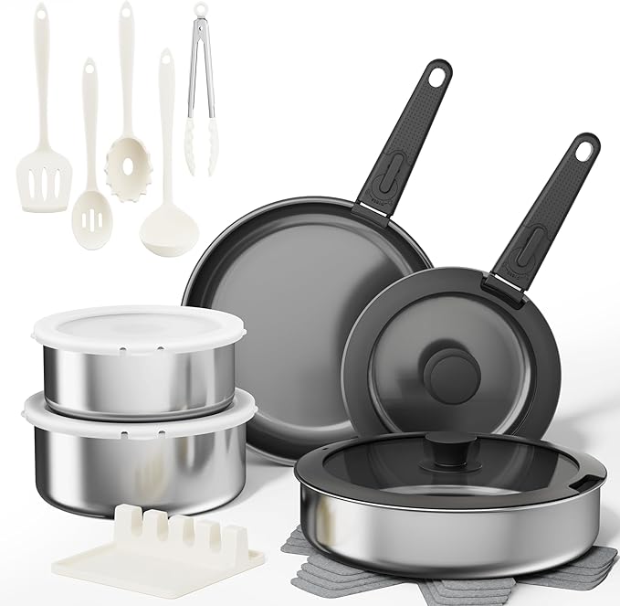 Sanho 21-Piece Pots and Pans Set, Healthy Ceramic Nonstick Cookware with Detachable Handles, Non-Toxic 4-Layer Stainless Steel & Aluminum Core, Induction RV Kitchen Set, Dishwasher & Oven Safe, Black