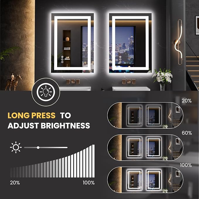 LOAAO 20"X28" LED Bathroom Mirror with Lights, Anti-Fog, Dimmable, Backlit + Front Lit, Lighted Bathroom Vanity Mirror for Wall, Memory Function, Tempered Glass, Safe to Use, ETL Listed