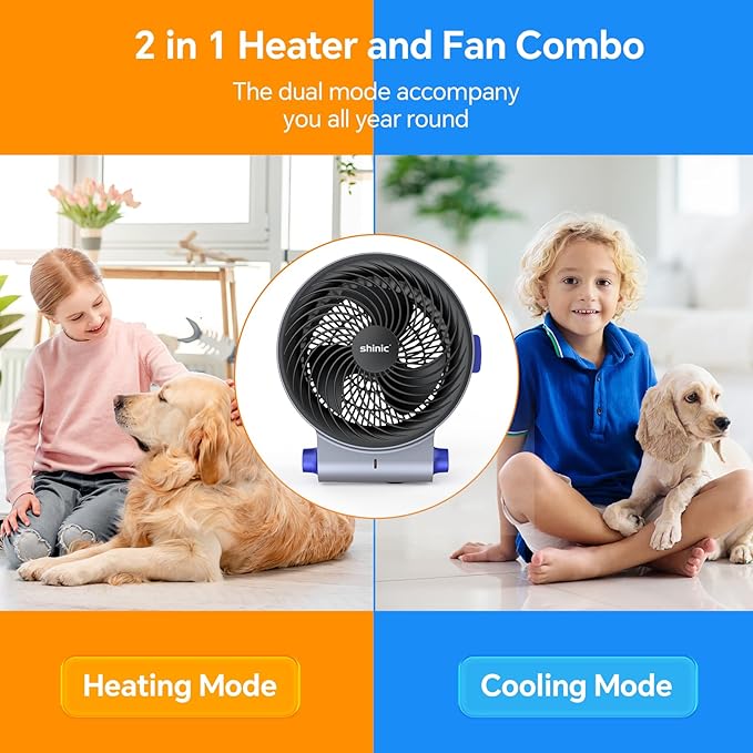 shinic Desk Fan and Heater Combo, Portable Cooling Air Circulator Fan, Tip-Over & Overheat Protection, Turbo Fan Space Heater Combo for Indoor Use Office, Bedroom, Living Room, ETL Listed