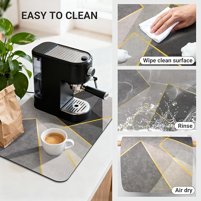 Coffee Mat 24x16 Inch, Gray Geometric Kitchen Coffee Mat, Absorbent Hide Stain Rubber Backed Dish Drying Mat for Kitchen Counter, Mat for Countertops,Under Coffee Bar Maker Machine Pot Espresso Staion
