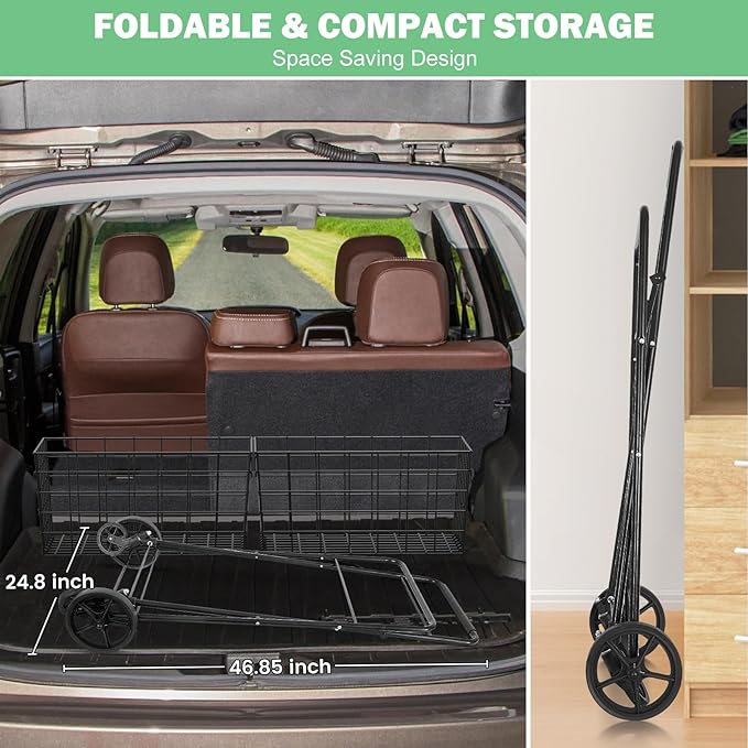 [𝐍𝐄𝐖] 2-Tier Extra Large Collapsible Grocery Cart On Wheels, 400lbs Shopping Cart for Groceries with 2 Removable Baskets, Waterproof Liner, Heavy Duty Foldable Shopping Utility Cart for Seniors