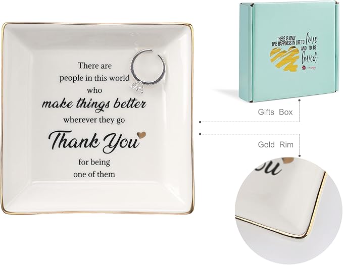 HOME SMILE Mothers Day Thank You Gifts for Teachers Women Mom-Ceramic Ring Jewelry Dish Tray Plate-Birthday Appreciation Inspirational Holiday Gifts for Friends,Stocking suffers for Christmas Women