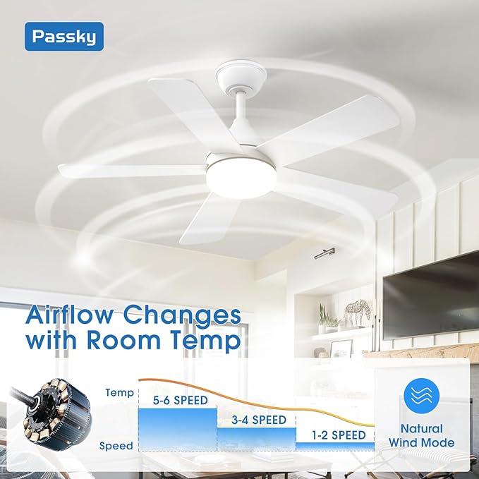Passky Ceiling Fans with Lights, 42 inch Sleek Ceiling Fan with Light and Remote Control, 3CCT, Dimmable, Reversible, Noiseless, White Ceiling Fan for Bedroom, Living Room