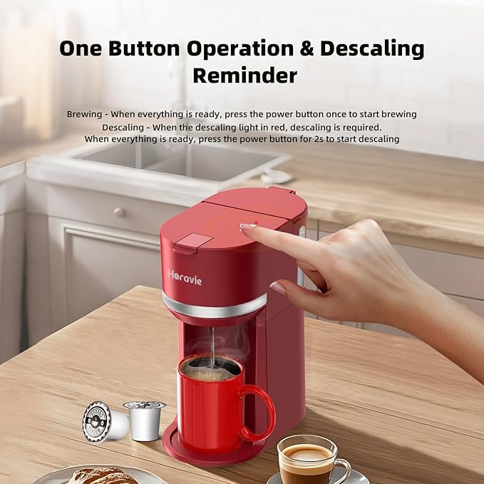 Horavie Mini Single Serve Coffee Maker for K-Cup Pod and Grounds, Fast Brew One Cup Coffee Machine with Descaling Reminder and Water Window, 6 to 12 oz. Brew Sizes, Red