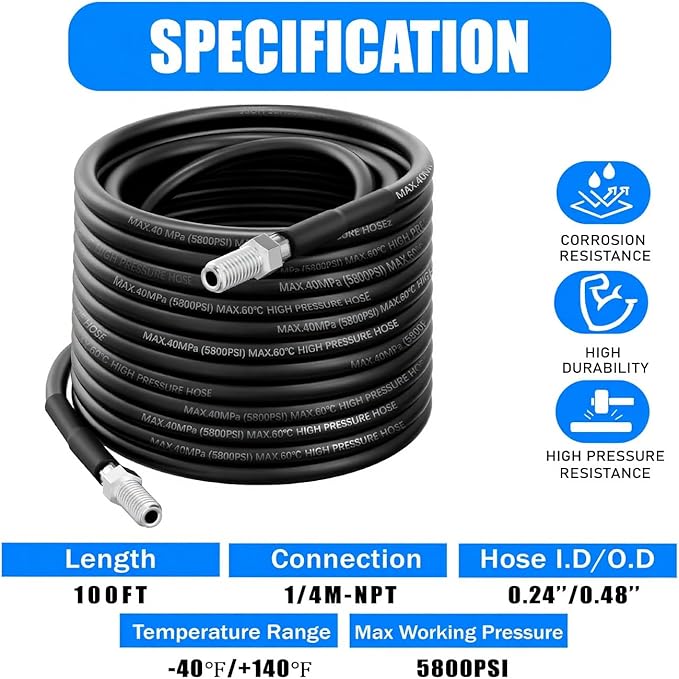 Sewer Jetter Kit for Pressure Washer 50FT, 5800PSI Water Jet Drain Cleaner Hose with 4 Sewer Jetting Nozzles, 1/4 Inch NPT Corner, Waterproof Tape and Handle Strap