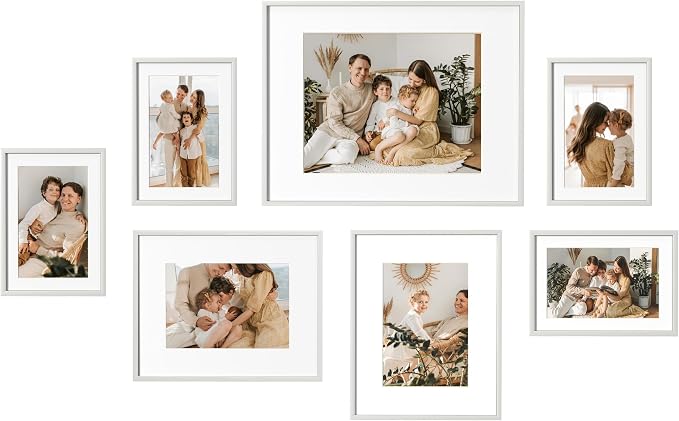 eletecpro Aluminum Gallery Wall Frame Set of 7 with Glass Cover, Silver | Including 1Pc 11x14, 2Pcs 8x10, 4Pcs 5x7 Photo Frames, Multiple Sizes Picture Frames Collage Wall Decor or Tabletop Display
