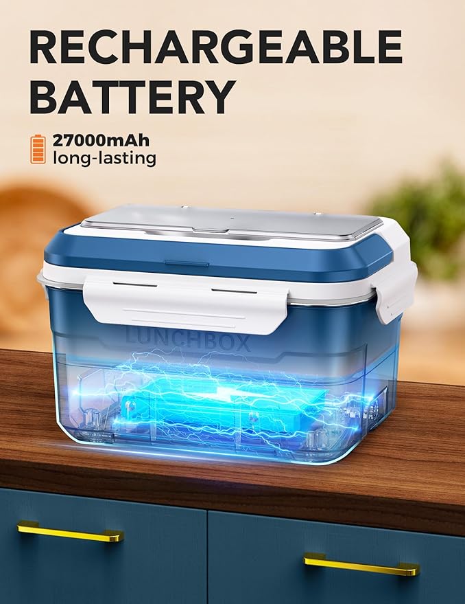 EAST OAK XL 6.3 Cups Cordless Electric Lunch Box for Adults, Heated Lunch Box Battery Powered with Automatic Heating, Portable Food Warmer with Removable Tray Divider