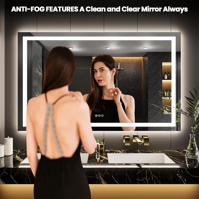 LOAAO 60"X32" LED Bathroom Mirror with Lights, Anti-Fog, Dimmable, Backlit + Front Lit, Lighted Bathroom Vanity Mirror for Wall, Memory Function, Tempered Glass, Safe to Use, ETL Listed