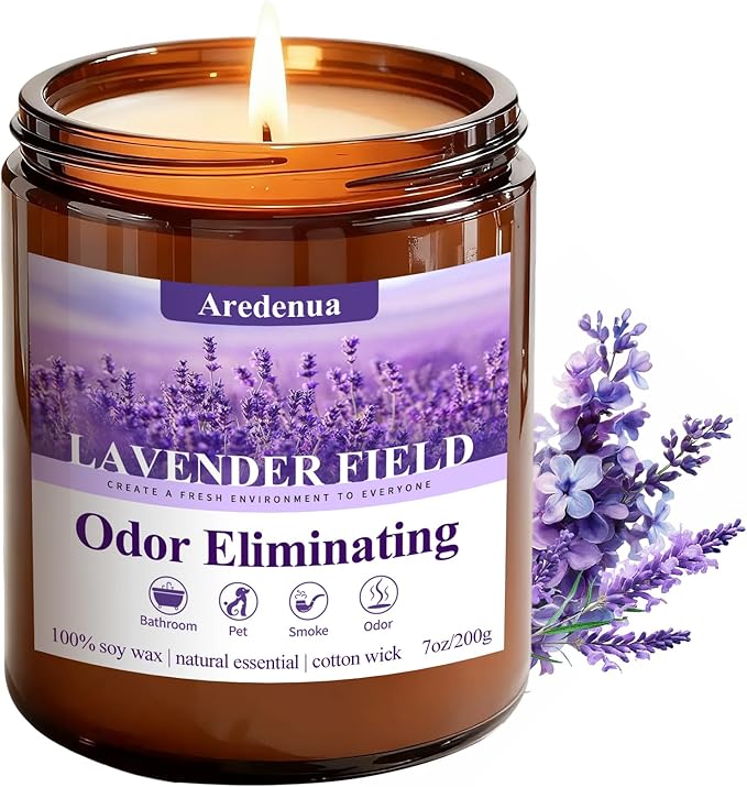 Lavender Odor Eliminating Candles | Eliminates 95% of Pet, Smoke, Food, and Other Smells – 7oz Soy Candle for Home Scented - Aromatherapy Stress Relief Scented Candles - Relaxing Gifts for Calm