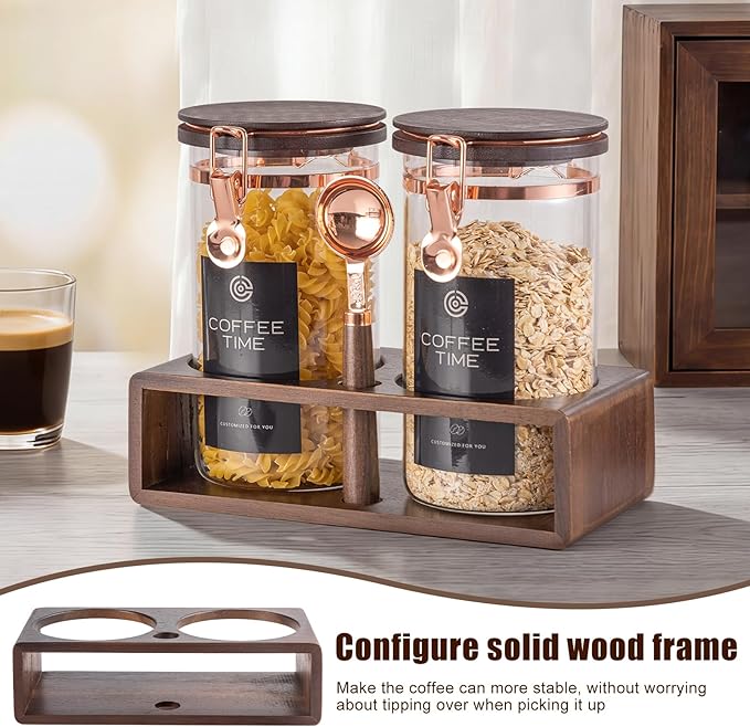 Glass Coffee & Sugar Canister Set, 2×45OZ Airtight Glass Storage Jars with Wooden Shelf and Scoop, Airtight Food Containers for Coffee Beans, Ground Coffee, Sugar and Tea（Rose Gold）