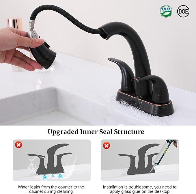 Ultimate Unicorn Bathroom Sink Faucet with Sprayer- 4 Inch Oil Rubbed Bronze Centerset Pull Down Vanity Faucets 3 Hole with Pop Up Drain - Two Handle Modern Washbasin Tap Set for Rv Lavatory Restroom