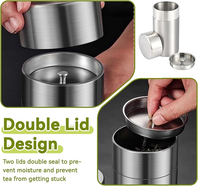 Stainless Steel Tea Canister, 550ml Double Seal Tea Tin Canister Airtight Canister Storage Container with Double Lids, for Tea Coffee Sugar Seasoning Storage