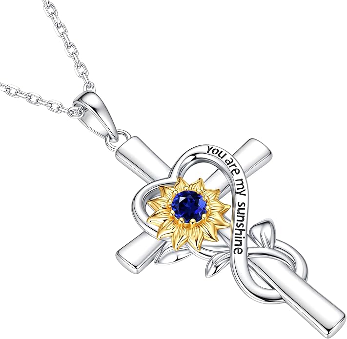 Iefil Mothers Day Gifts for Wife Mom - Sunflower Cross Necklace, 925 Sterling Silver Birthstone Necklace for Women Wife Mom