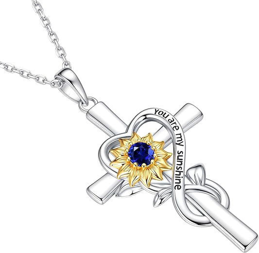 Iefil Mothers Day Gifts for Wife Mom - Sunflower Cross Necklace, 925 Sterling Silver Birthstone Necklace for Women Wife Mom