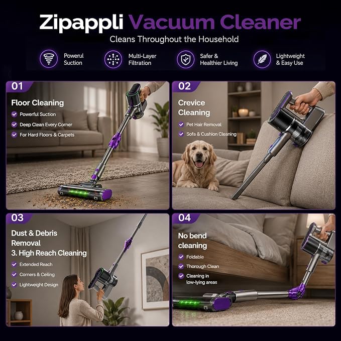 Cordless Vacuum Cleaner for Home, 55kPa 70-Min Runtime Cordless Stick Vacuum with LED Display, 8-in-1 Self-Standing Lightweight Design, Anti-Tangle for Pet Hair, Hard Floors and Carpet