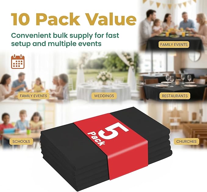 Plastic Table Cloth Disposable, 5 Packs Disposable Tablecloth 54 X 108 Inch Black Plastic Tablecloth for Rectangle Tables Tougher PEVA Table Cover for Party Decorations Picnic Dining Birthday