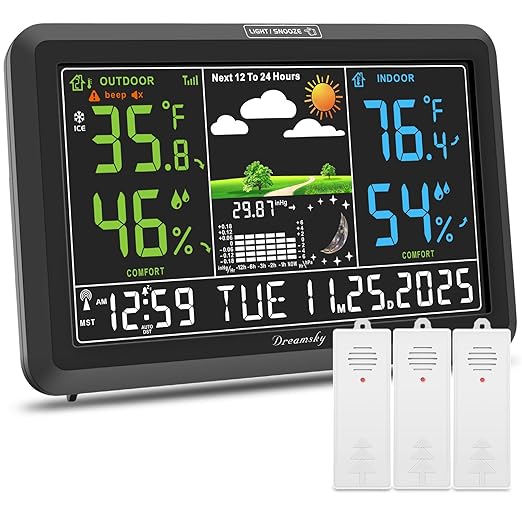 DreamSky Weather Station Indoor Outdoor Thermometer Wireless, Atomic Clock | Digital Large Display with Dimmer, USB Port, Inside Outside Temperature Humidity Monitor for Home (Plug-in)-3 Sensors