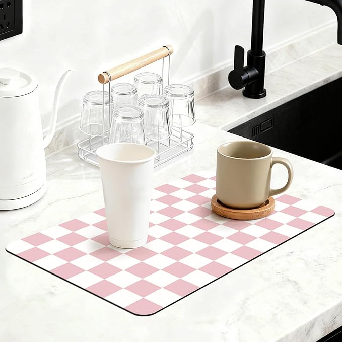 12" x 20" Checkered Dish Drying Mat for Kitchen Counter, Absorbent Coffee Bar Mat for Espresso Machine Coffee Countertops Accessories, Pink