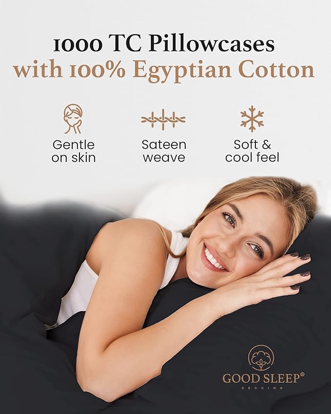 1000 TC Black King Pillowcases Set of 4 100% Egyptian Cotton Pillow Cases with Long Staple Cotton & Sateen Weave, Silky Soft Hotel - Like Bed Pillow Covers for Comfy Sleeping, Snug Fit