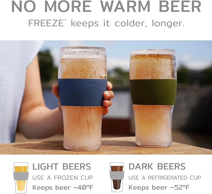 Host Freeze Beer Glasses, Freezable Beer Gifts for Men, Double Wall Insulated Pint Set, Tumbler for Cold Drinks, 16, Set of 2, Gray