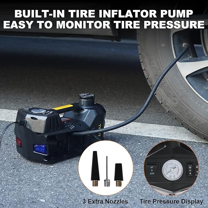 Electric Car Jack Kit 5 Ton 12V Floor Jack with Impact Wrench and Tire Inflator Pump Portable Hydraulic Car Jack for SUV Sedans Tire Change with LED Light, Lifting Height 6 to 17.7 Inch (Black)