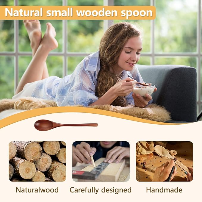 Wooden Spoons, 6 Pieces 9 Inch Wood Soup Spoons for Eating Mixing Stirring, Long Handle Spoon with Japanese Style Kitchen Utensil, ADLORYEA Eco Friendly Table Spoon (Nanmu, 9 Inch)