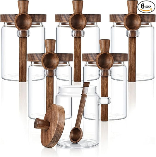 6 Pcs Coffee and Sugar Container Set, 20 oz Glass Coffee Jars with Wooden Lids and Scoops, Loose Leaf Tea Storage Canister Decorative Sugar Tea Creamer Canisters for Kitchen Countertop