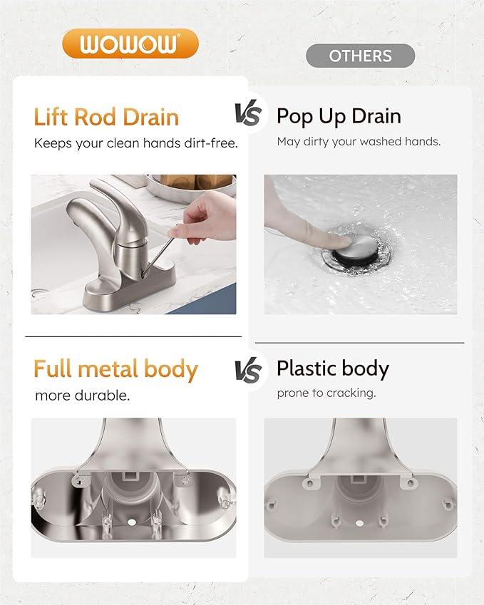 WOWOW Bathroom Faucet 1 Handle Low Arc Single Handle 4 inch Centerset Bathroom Sink Faucet with Pop Up Drain Assembly Basin Mixer Tap Brushed Nickel Vanity Faucets