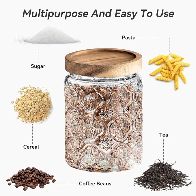 Glass Jar with Lid, Vintage Glass Storage Jars with Airtight Lid Coffee Canister Sugar Container for Kitchen Counter Pantry, Flour, Candy, Tea, Coffee Beans, Oats (Begonia Sunflower Round)