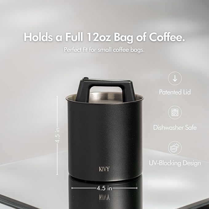KIVY Vacuum Coffee Canister - Push Lid Preserves Aroma & Oil - Stainless Steel Airtight Container for Ground & Bean Storage - Removes Excess Air