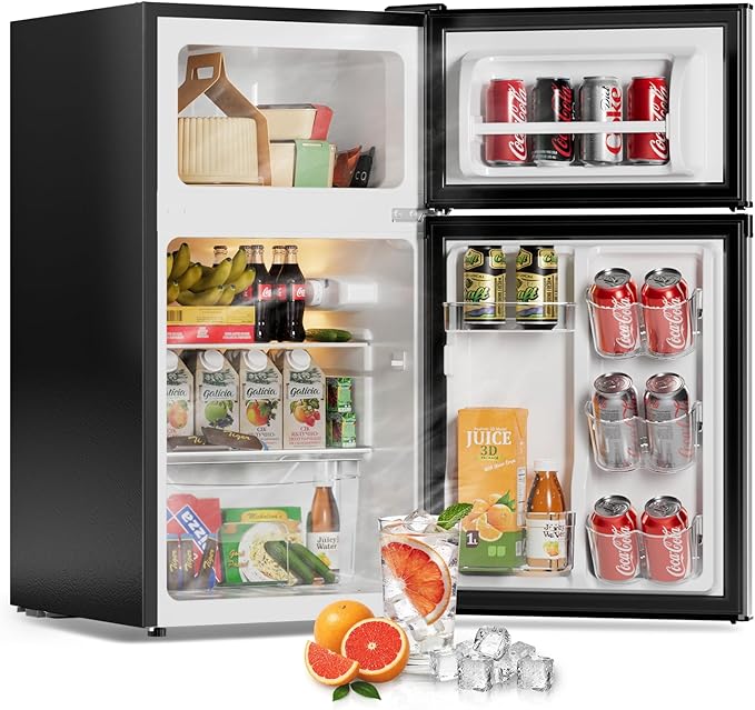 3.2 Cu Ft Mini Fridge with Freezer - Energy Efficient, Double Door Upright Freezer for Bedroom, Office & Dorm | Small Fridge, Glass Shelves,Interior Light,ETL Certified,etc(Silver)