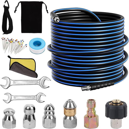 Sewer Jetter Kit for Pressure Washer, 5800PSI Drain Cleaner Hose 1/4 Inch NPT Corner Rotating and Button Nose Sewer Jetting Nozzle Spanner Watertight Tape Pearl Corsage Pin Handle Strap (100FT)