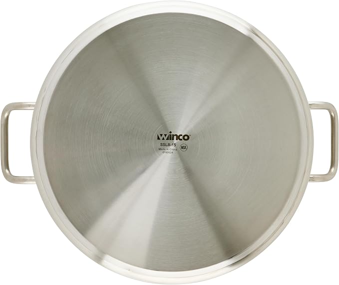 Winco 15 qt Stainless Steel Brazier Pan with Lid | Flat bottom, Wide base, Riveted handles, Induction safe, Great for Braising, Simmering, Batch Cooking and Restaurant Kitchens