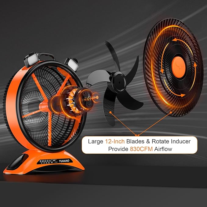 45000mAh Big Battery Powered Camping Fan, 12-Inch Blades Portable Rechargeable Outdoor Fan with LED Light, 3 Speeds Cordless Floor Fan with Remote and Timer for Garage, Patio, RV