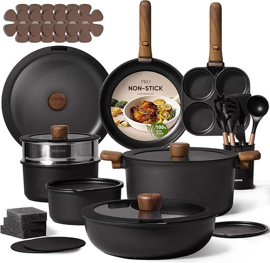 CAROTE 33pcs Pots and Pans Non Stick, Cookware Sets Detachable Handle, Induction Kitchen Pots and Pans,NonStick Cooking Set, Oven/Dishwasher/Fridge Safe, Space Saving
