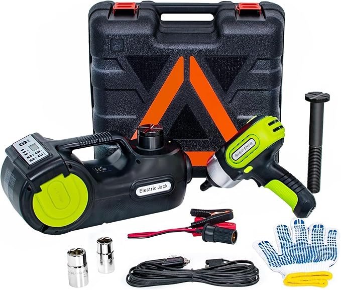 E-HEELP Electric Car Jack Kit 5Ton 12V Hydraulic (Lifting Range: 6.1-20.86 inch) with Impact Wrench & Inflator for Car SUV Sedan MPV with LCD & Tire Pressure Display