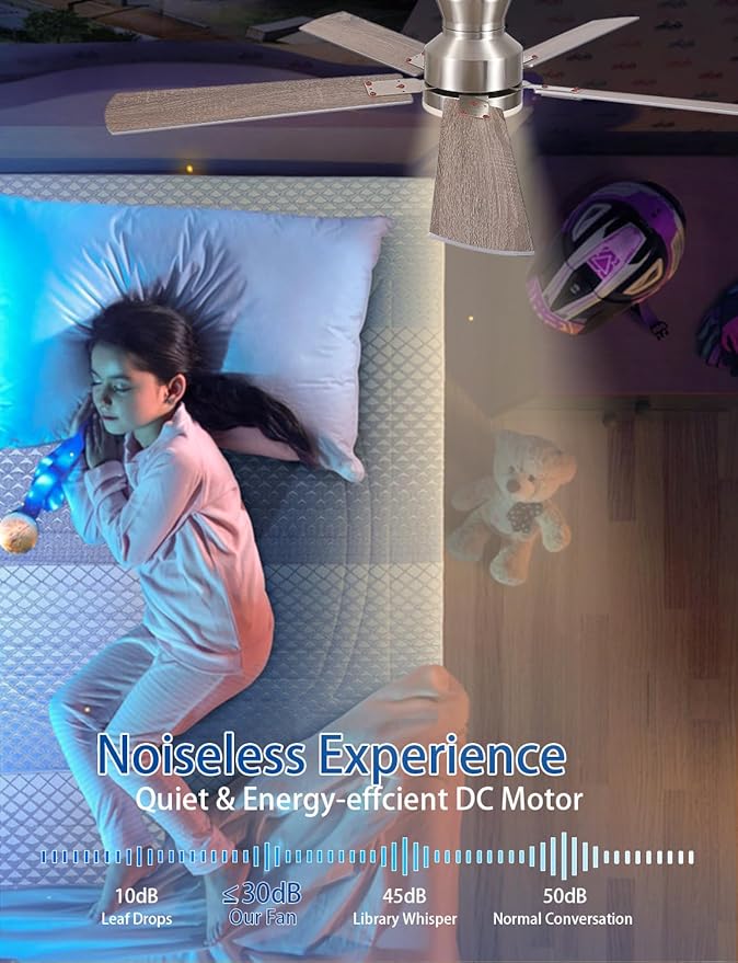 Ceiling Fans with Lights, 52'' Low Profile Ceiling Fan with Light and Remote/APP Control, Modern Flush Mount Ceiling Fan for Indoor Bedroom Living Room, Dimmable, Qiuet DC Motor, Nickel